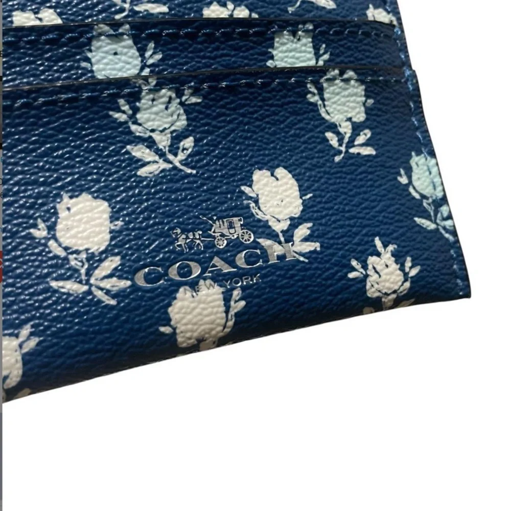 Coach Navy Blue Floral Card Case Wallet